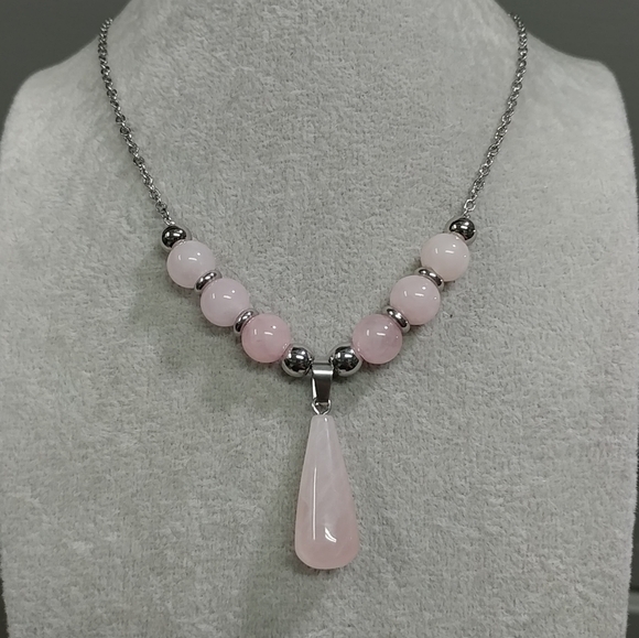 Rose Quartz Beaded Necklace Natural Gemstone Crystal Pendant Stainless-Steel - Picture 14 of 14